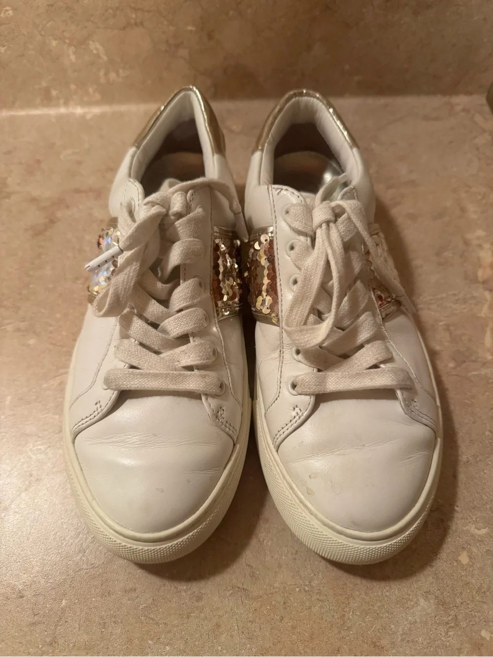 Tory Burch Carter White Leather Gold Sequin Sneakers Size 6.5